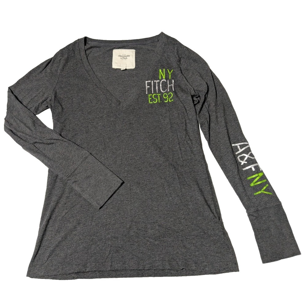 Abercrombie & Fitch NY FITCH EST 92 Gray Heather V-Neck L/S T-Shirt- Women Large